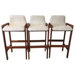 Dixie Mid-Century Modern Barstools with Greek Key Upholstery Set of Three