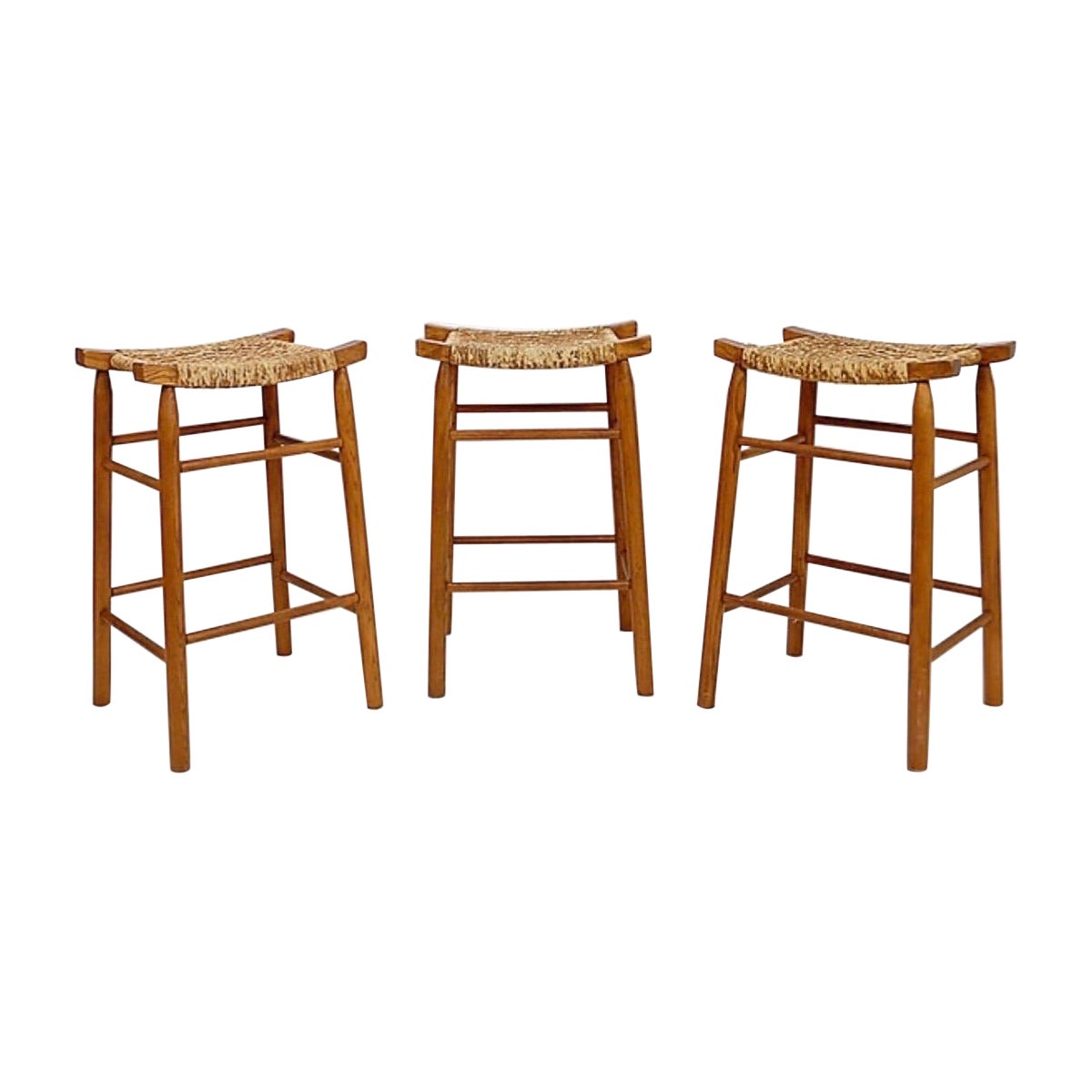 Set of 3 bar stools in Oak and Rush woven seat
