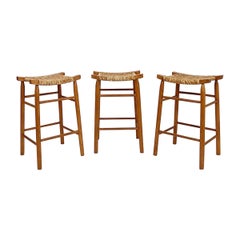 Set of 3 bar stools in Oak and Rush woven seat
