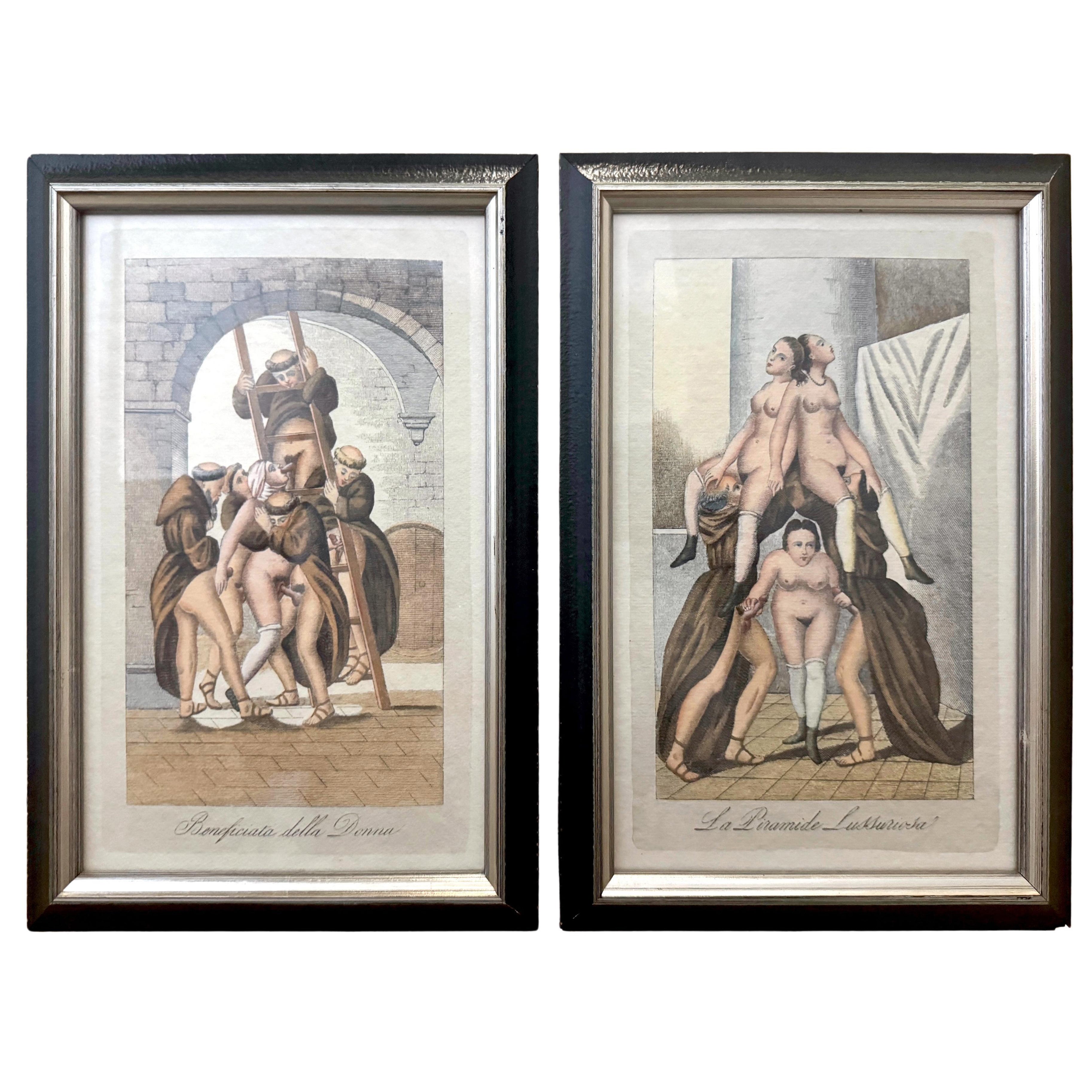 Paire d'estampes érotiques de moines et de Nuns corrompus de style baroque italien en vente