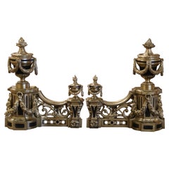 Paire de chenets de cheminée Louis XVI du 19ème siècle en bronze bicolore