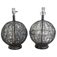 Pair of Midcentury Spun Gun Metal Sphere Lamps