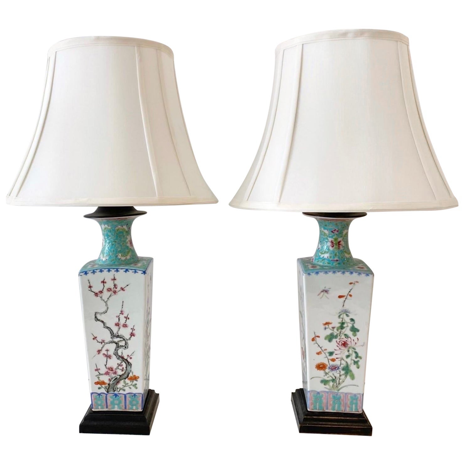 Pair Chinese Export Turquoise/ White Famille-Verte Floral Vases Now as Lamps