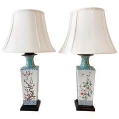 Pair Chinese Export Turquoise/ White Famille-Verte Floral Vases Now as Lamps