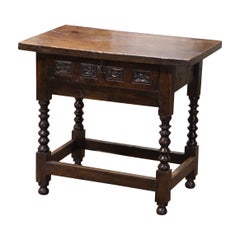 18th Century Spanish Renaissance Carved Walnut One Plank Top Side Table & Drawer