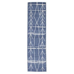 Alfombra Turca Hecha a Mano Corredor Moderno Azul Blanco Geométrico 2'10" x 10'3