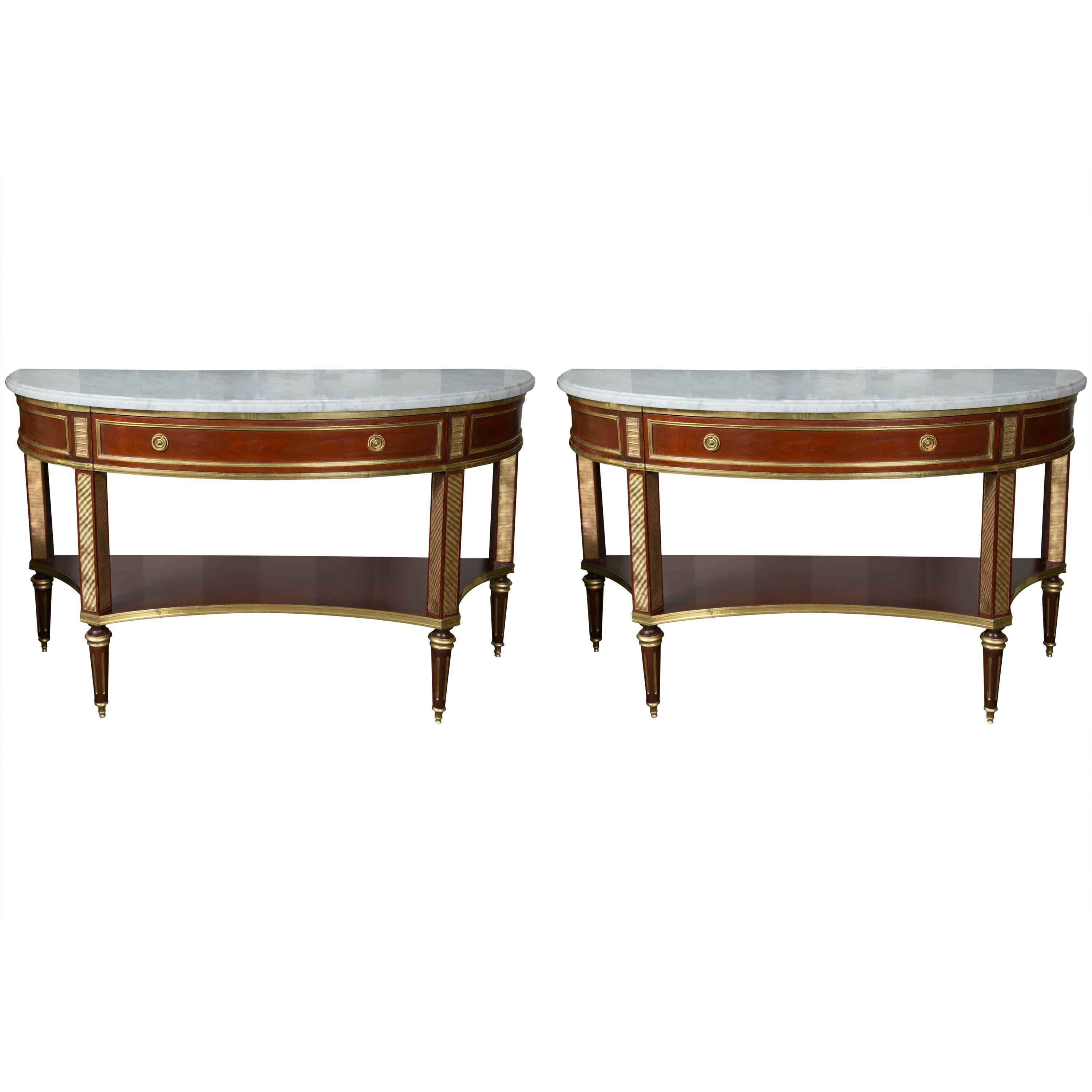 Pair of Marble-Top Demi Lune Console Table by Jansen