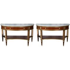 Pair of Marble-Top Demi Lune Console Table by Jansen