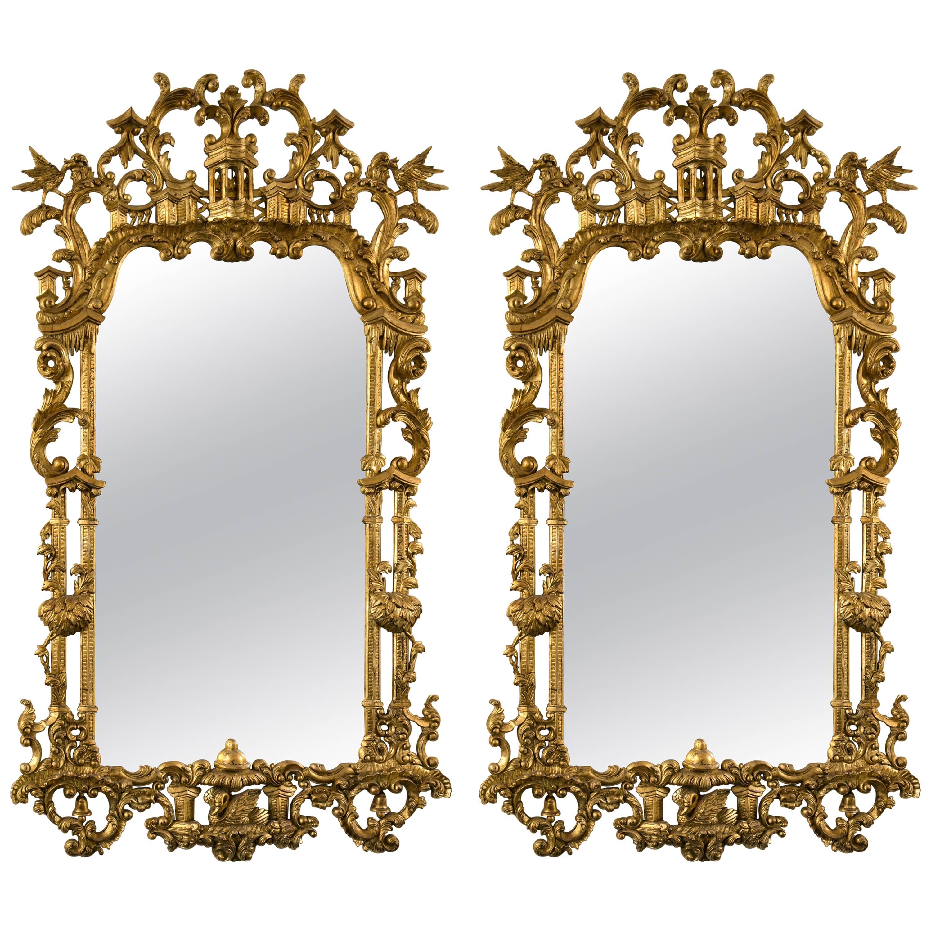 Pair of Monumental Gilt Gold Carved Chippendale Style Wall or Console Mirrors