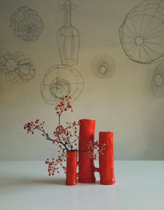 Vasi Comunicanti 3 elements ORANGE in ceramic XXI Century by Chiara Berta Artist