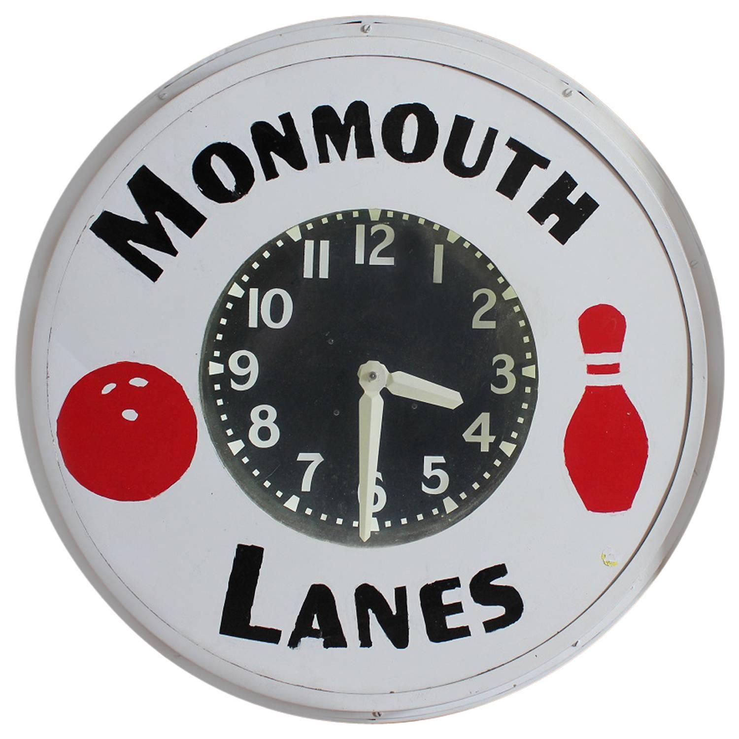 1930s Neon Advertising Clock for Monmouth Bowling Lanes For Sale