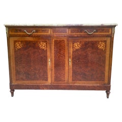 Antique French Server Burlwood With Inlaid Marble Top and Bronze Mounts 1920s