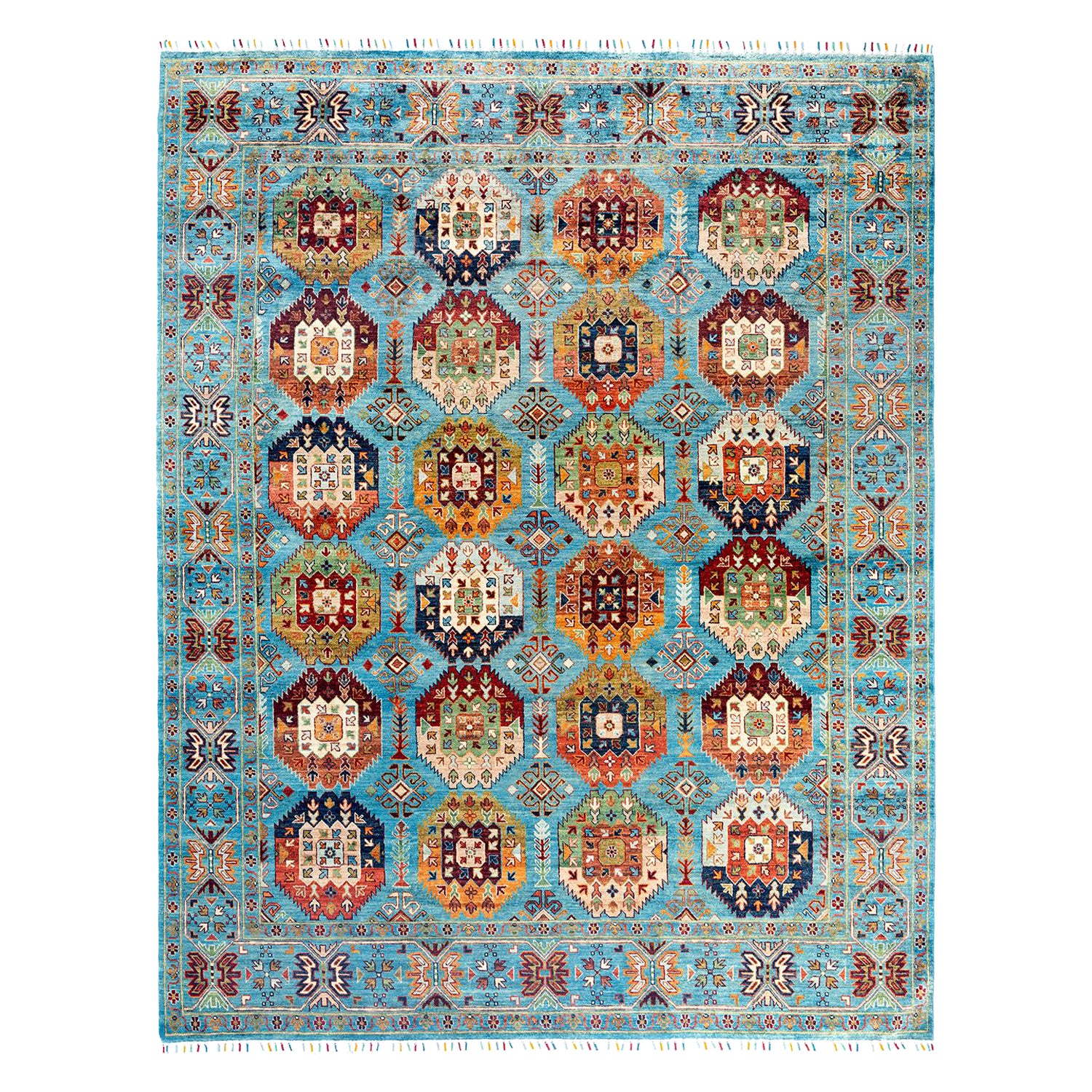 Bohemian Tribal Hand Knotted Wool Light Blue Area Rug 8' 2" x 10' 4"