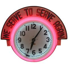 Vintage 1930s Neon Clock with Sign "We Serve to Serve Again"