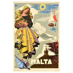 Original Vintage Travel Poster Malta Valetta Mediterranean Sea Emvin Cremona