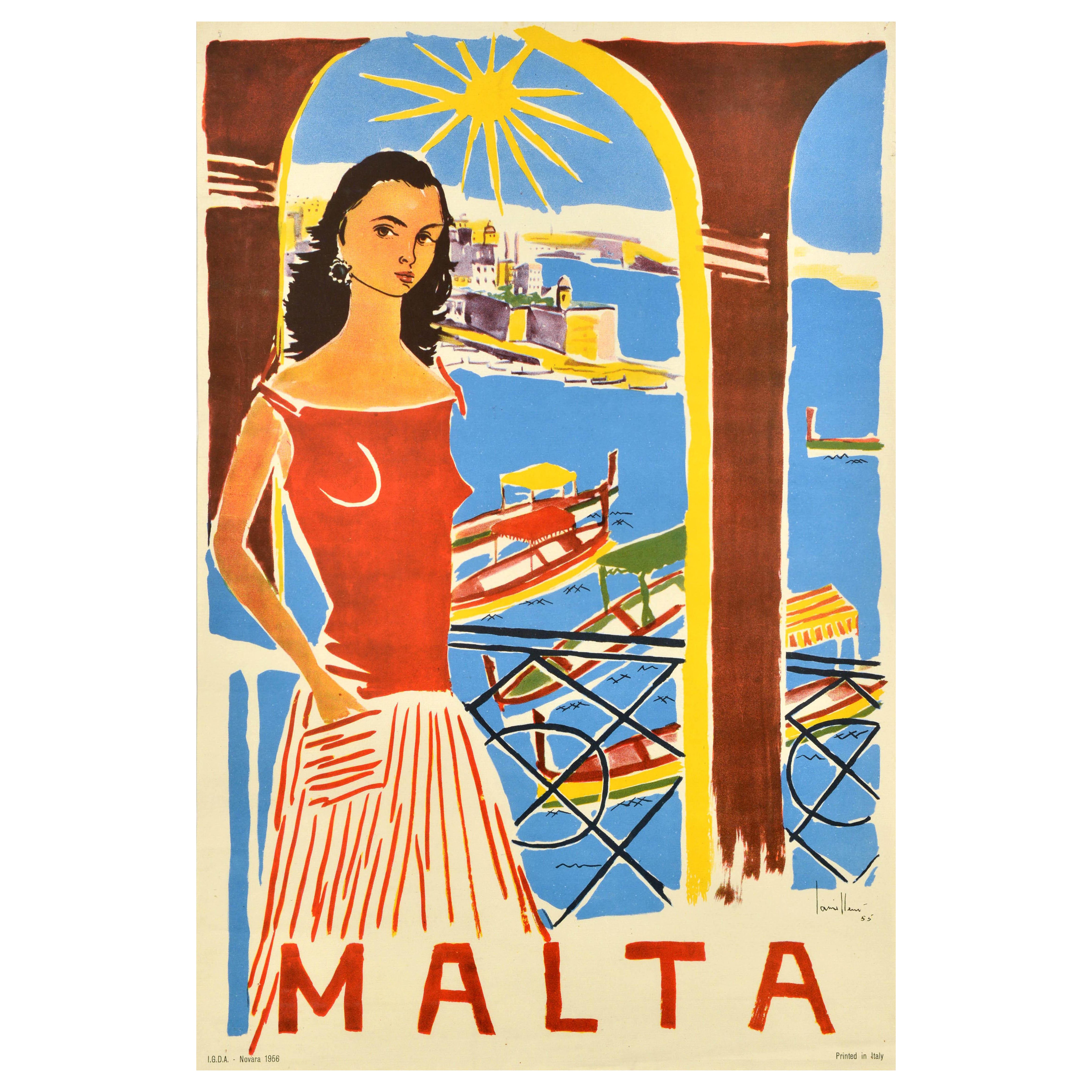 Cartel de Viaje Vintage Original Malta Valetta Grand Harbour Antoine Camilleri