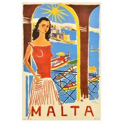 Poster di viaggio originale d'epoca Malta Valletta Grand Harbour Antoine Camilleri