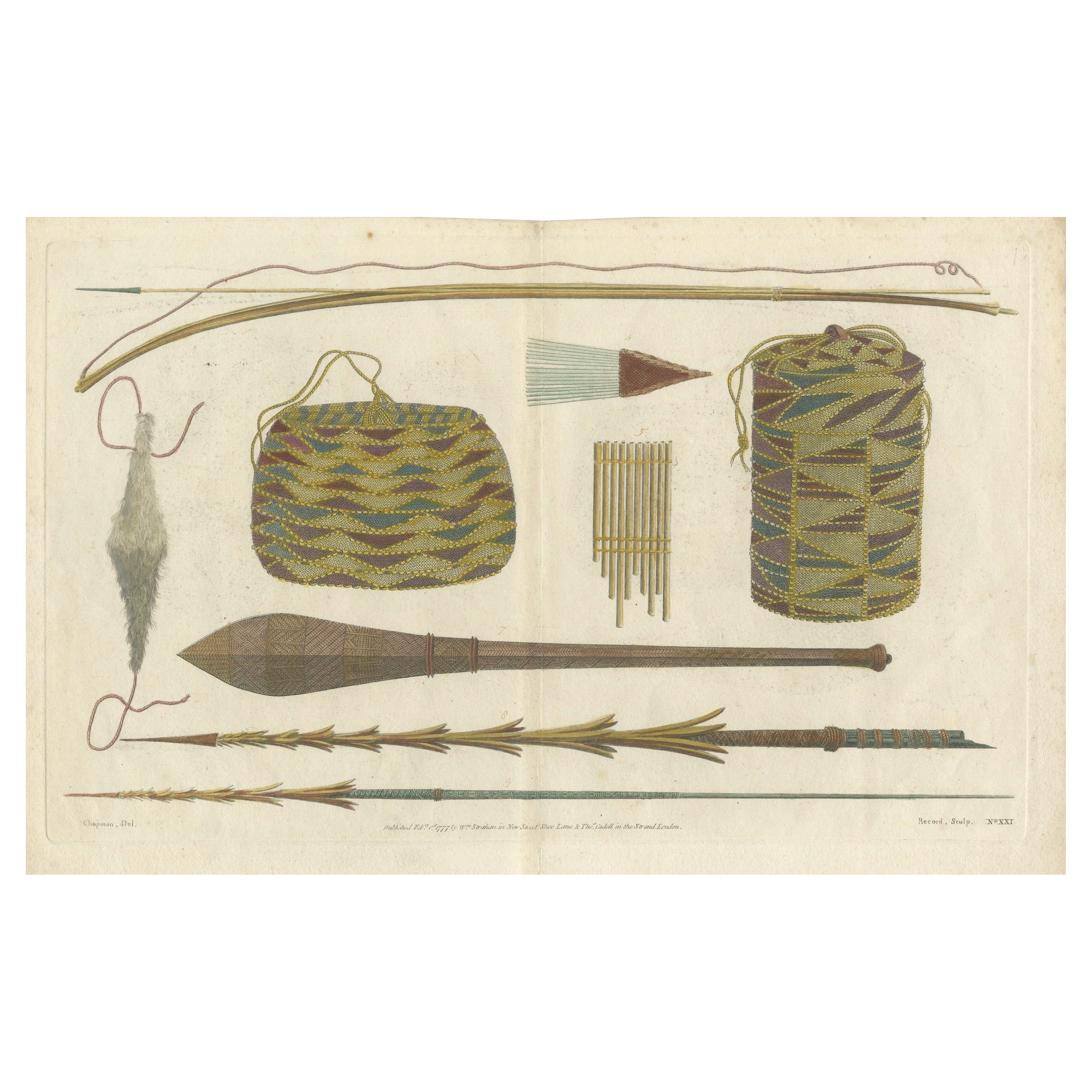 1777 Engraving of Tongan Weapons & Artifacts from Captain Cook's Third Voyage