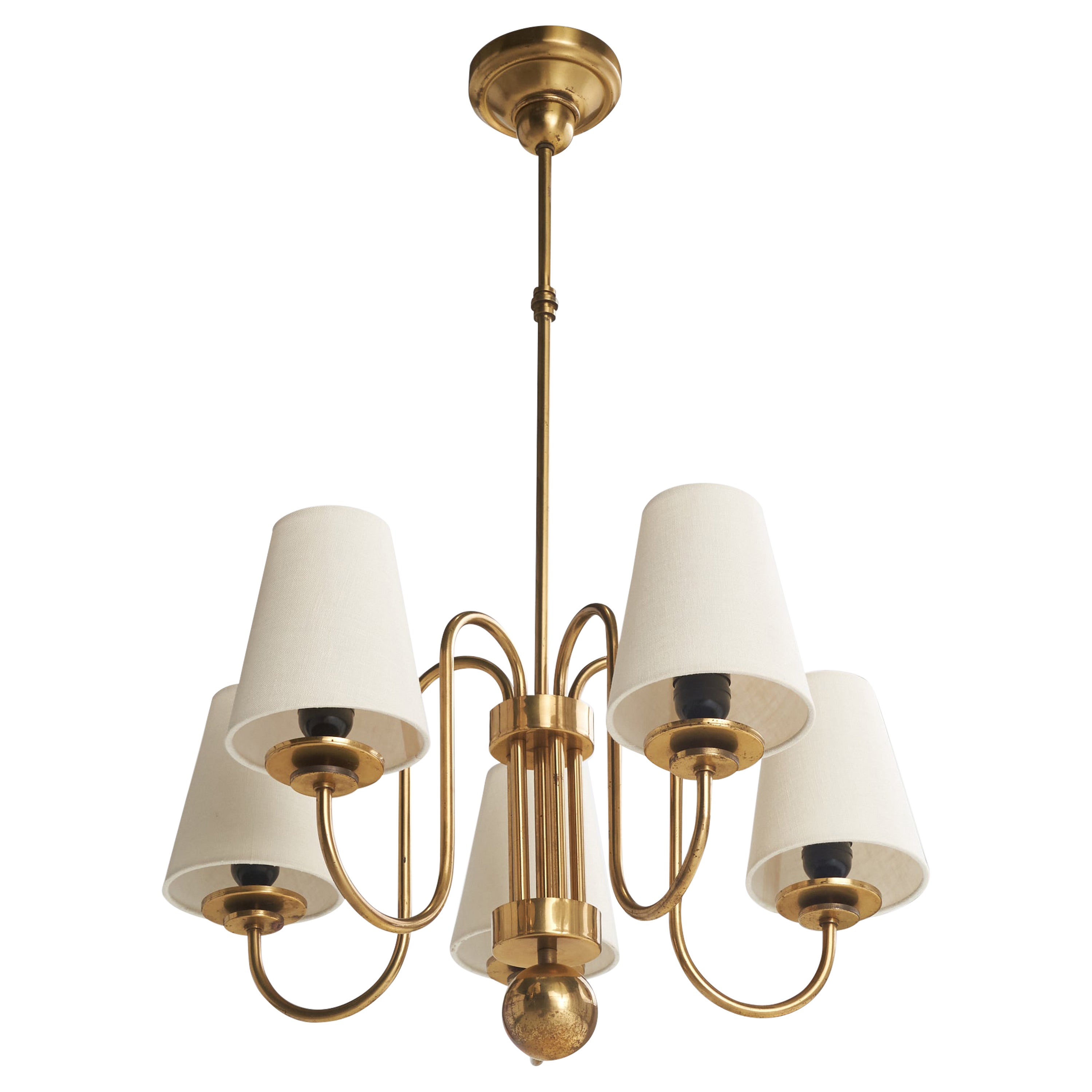 Swedish Designer, Chandelier, Brass, Fabric, Sweden, 1940s
