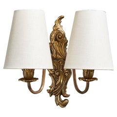 French Designer, Wall Light, Brass, Fabric, France, 1940s