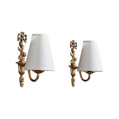 French Designer, Wall Lights, Brass, Fabric, France, 1940s