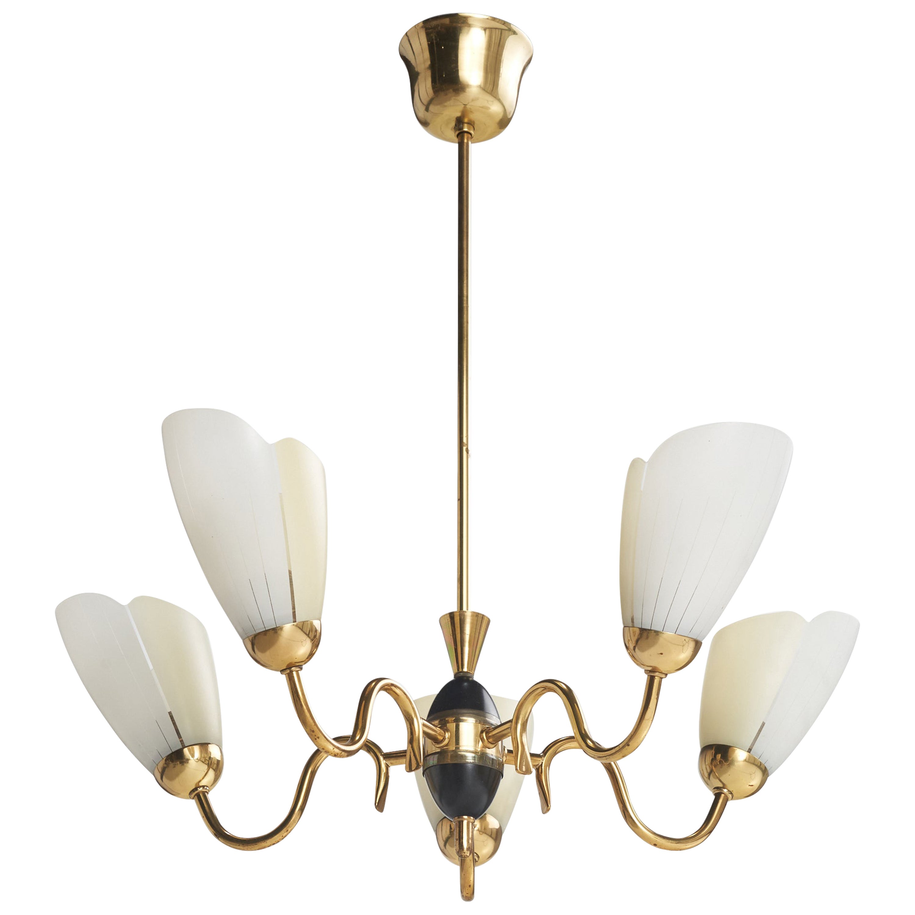 Swedish Designer, Chandelier, Brass, Metal, Glass, Sweden, 1950s