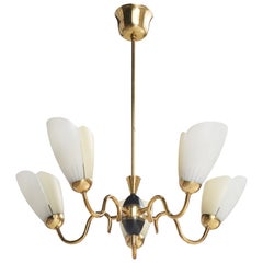 Swedish Designer, Chandelier, Brass, Metal, Glass, Sweden, 1950s