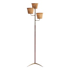Italian Designer, Floor Lamp, Brass, Leatherette, Rattan, Italy, 1940s