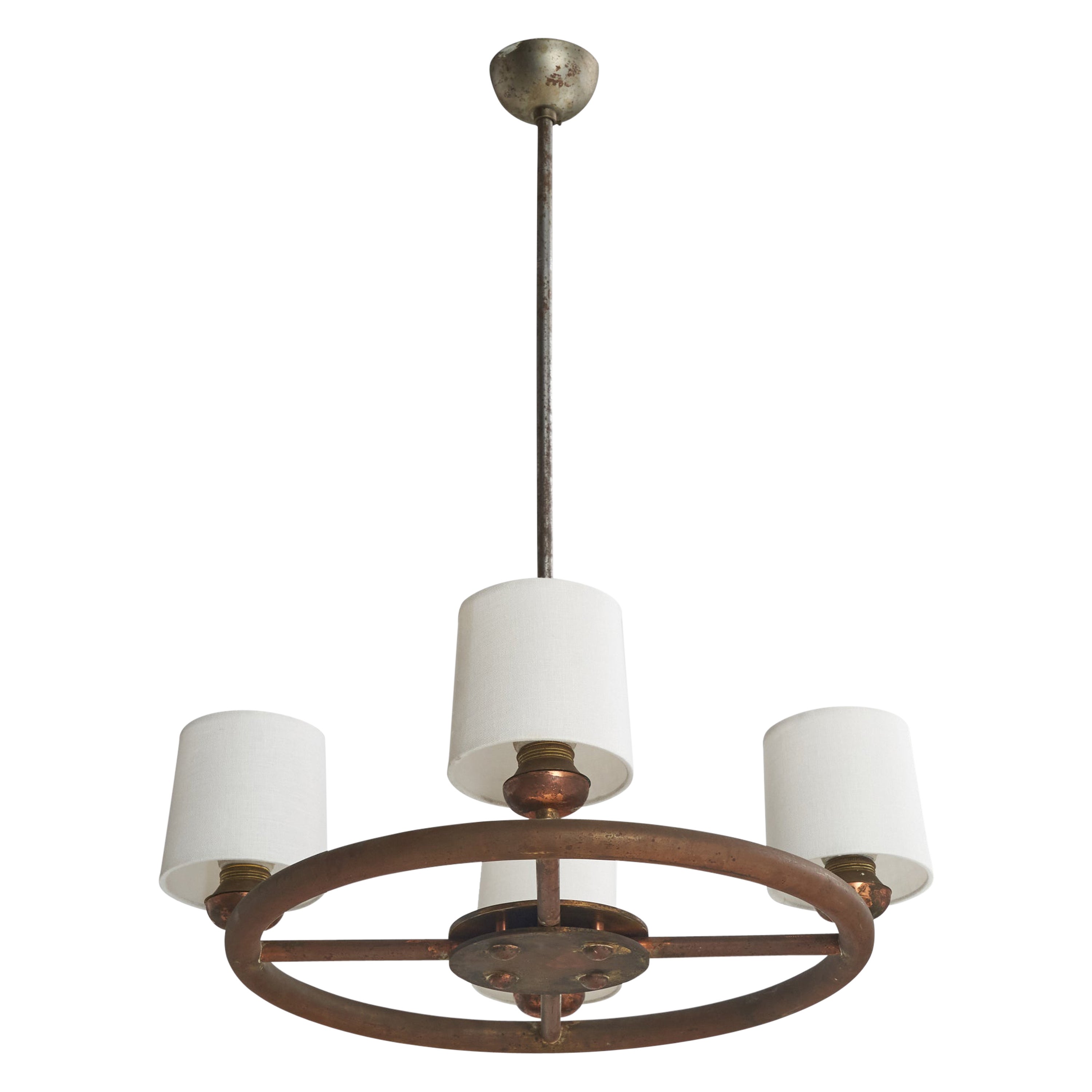 Designer italiano, lampadario, rame, ottone, metallo, tessuto, Italia, anni '30