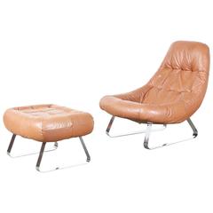 Brazilian Leather Lounge Chair with Ottoman by Percival Lafer