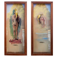 Pair of Paintings of Half-naked Women Painted on Glass Signed TMAZ