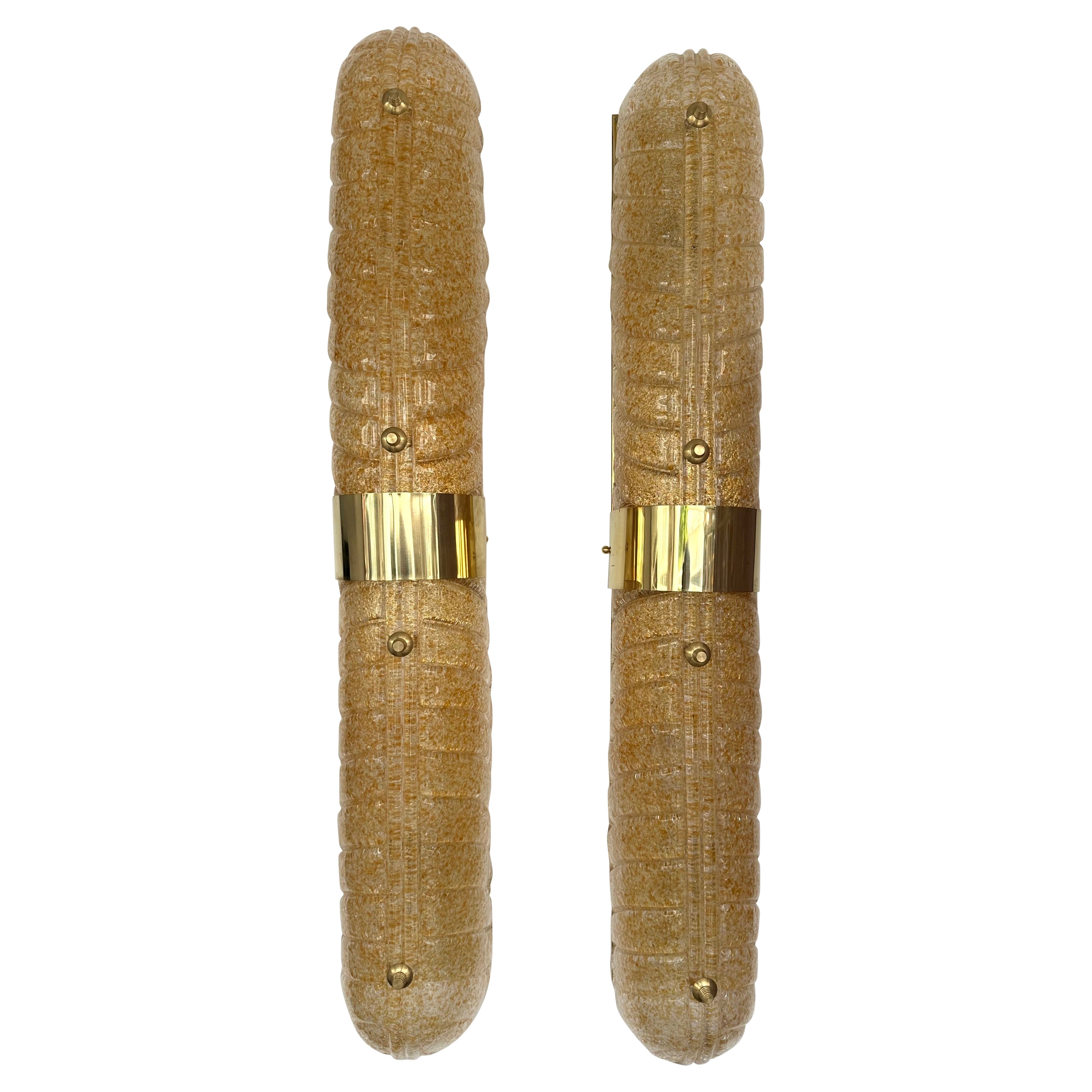 Contemporary Paar von Messing und Palm Murano Glas Wandleuchten, Italien