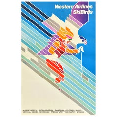 Affiche rétro originale de voyage d'hiver Western Airlines, SkiBirds Skiing