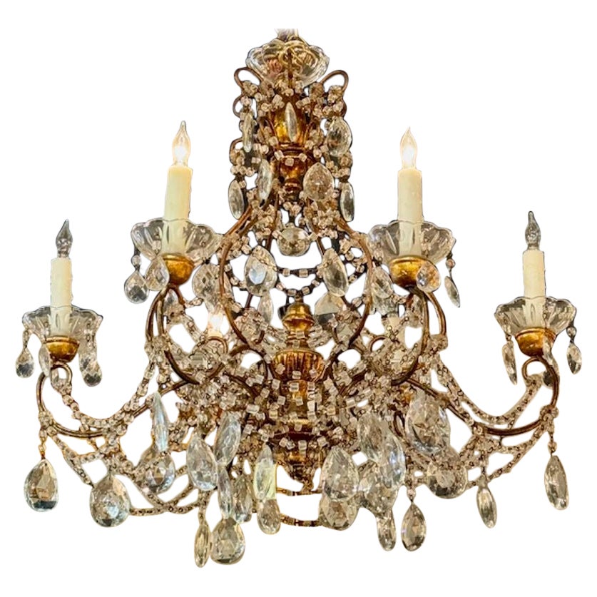 Early 20th Century Italian Beaded and Crystal Giltwood Chandelier