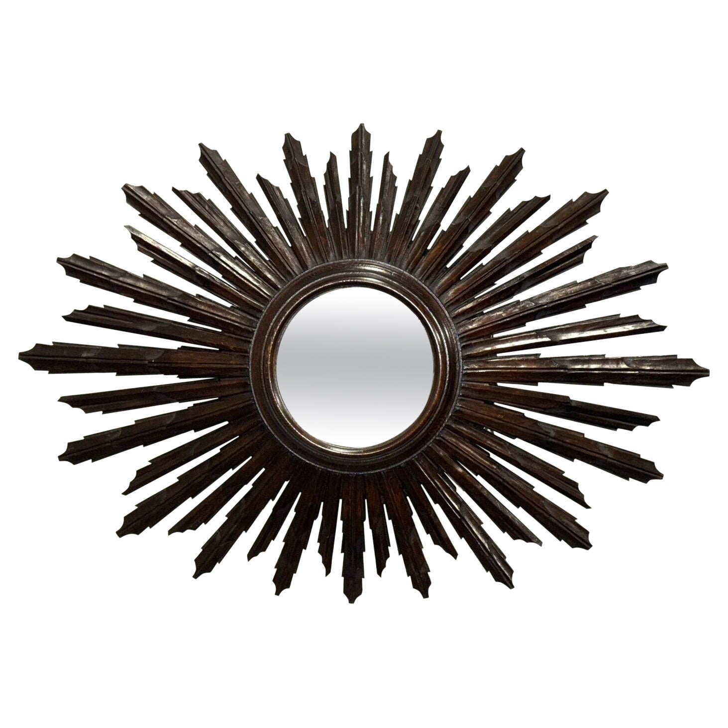 RARE SPANISH WOODEN SunBURST BROWN CONVEX WALL MIRROR CiRCA 1940 en vente