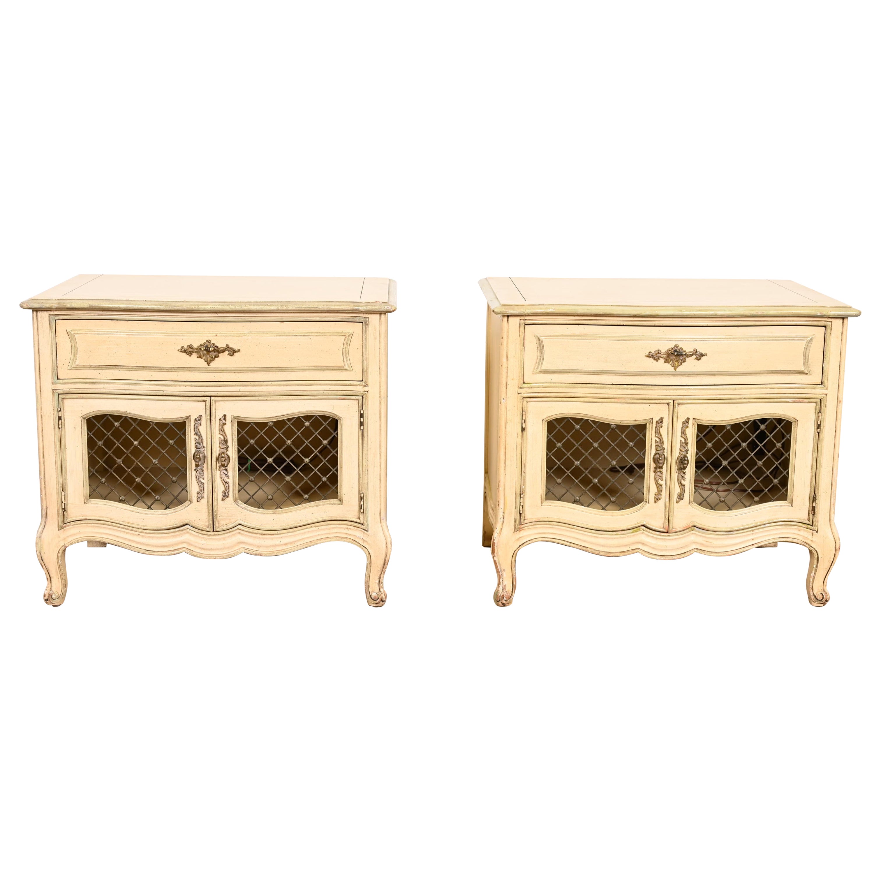 Henredon French Provincial Louis XV Cream and Light Green Lacquered Nightstands