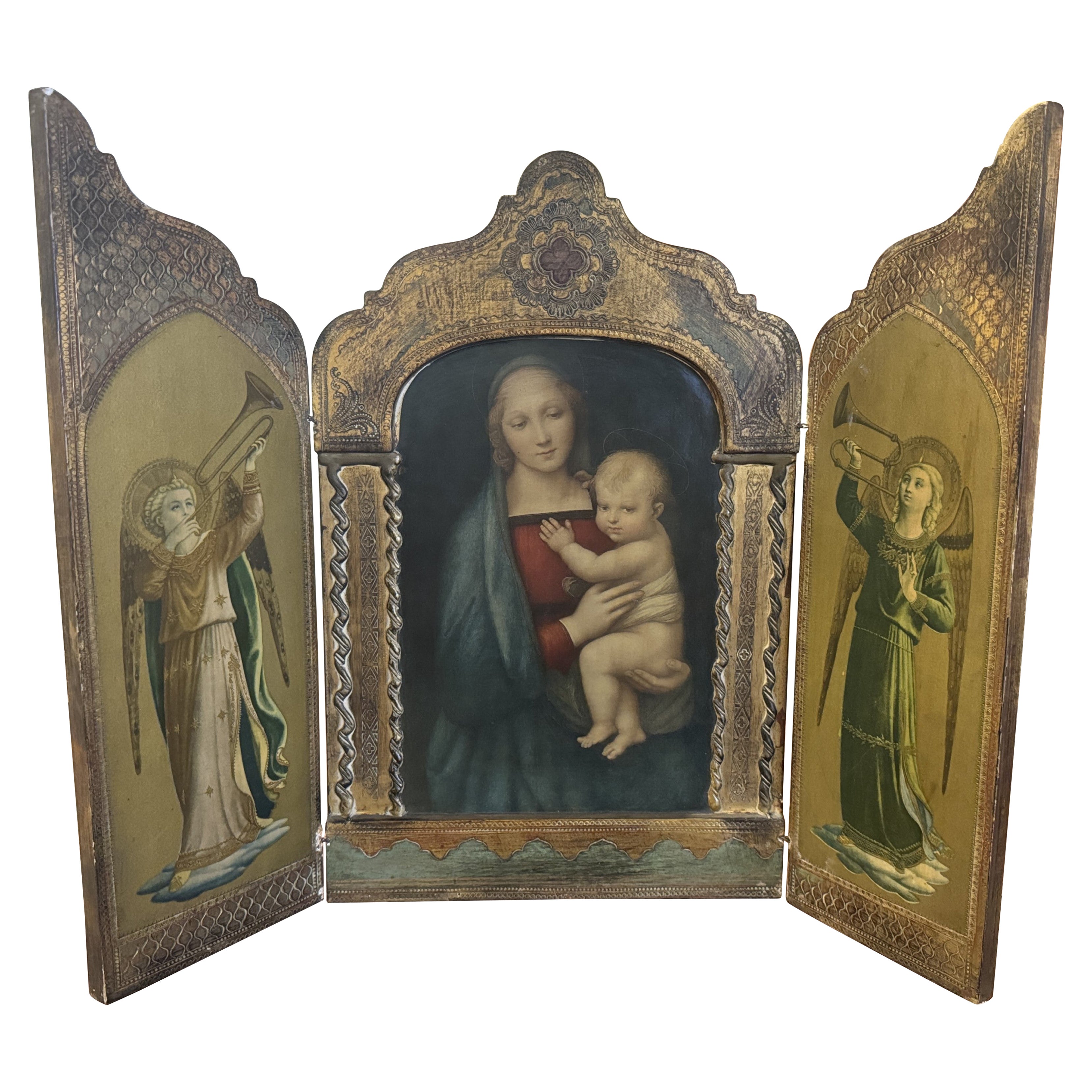 Mid-Century Italian Carved Painted Triptych with Madonna & Child, and Angels