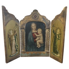 Mid-Century Italian Carved Painted Triptych with Madonna & Child, and Angels