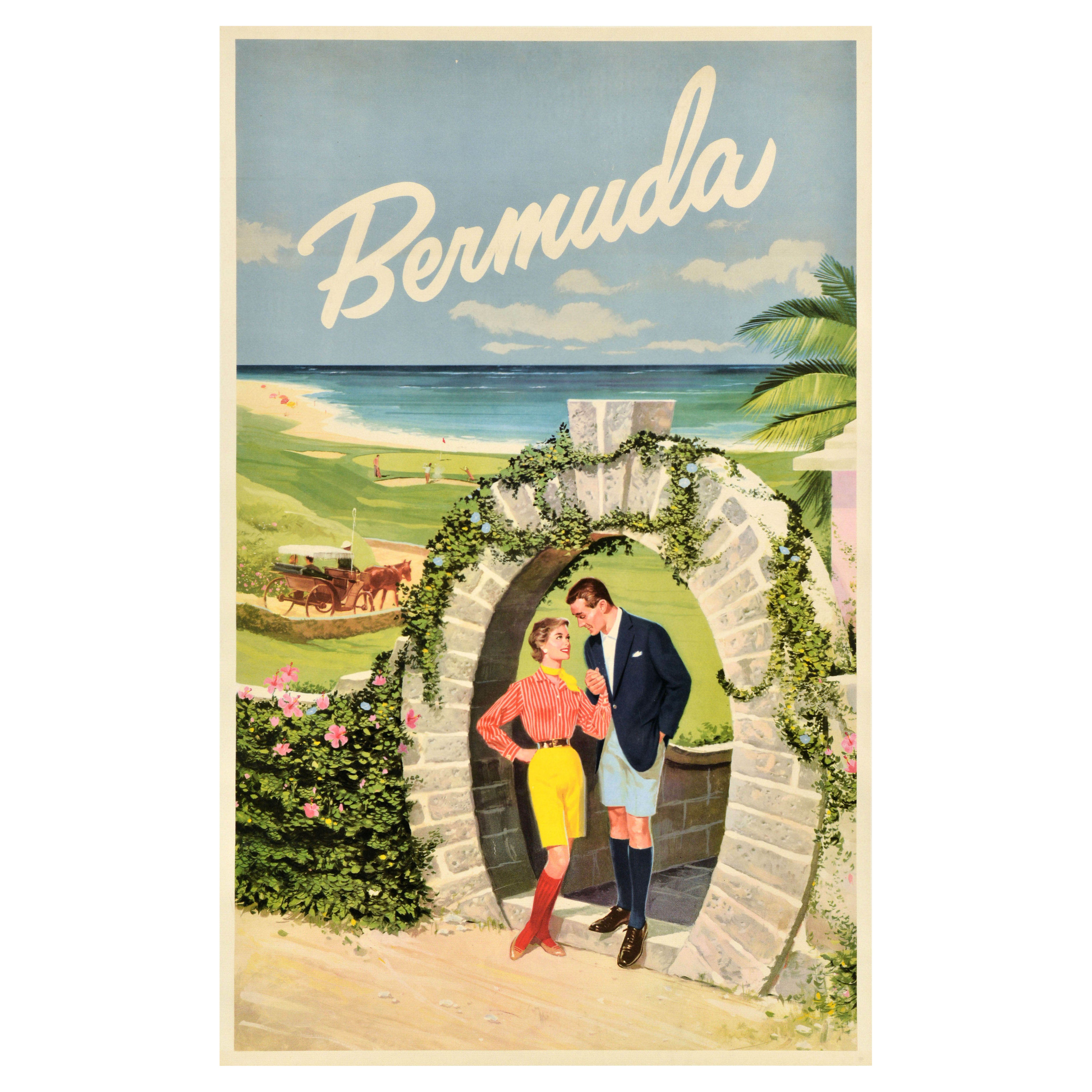 Original Vintage Travel Poster Bermuda Horseshoe Moongate Arch Beach Romance