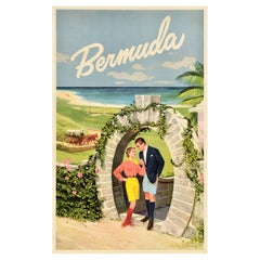 Affiche rétro originale de voyage Bermuda, fer à cheval, arc de la mer de lune, Romance