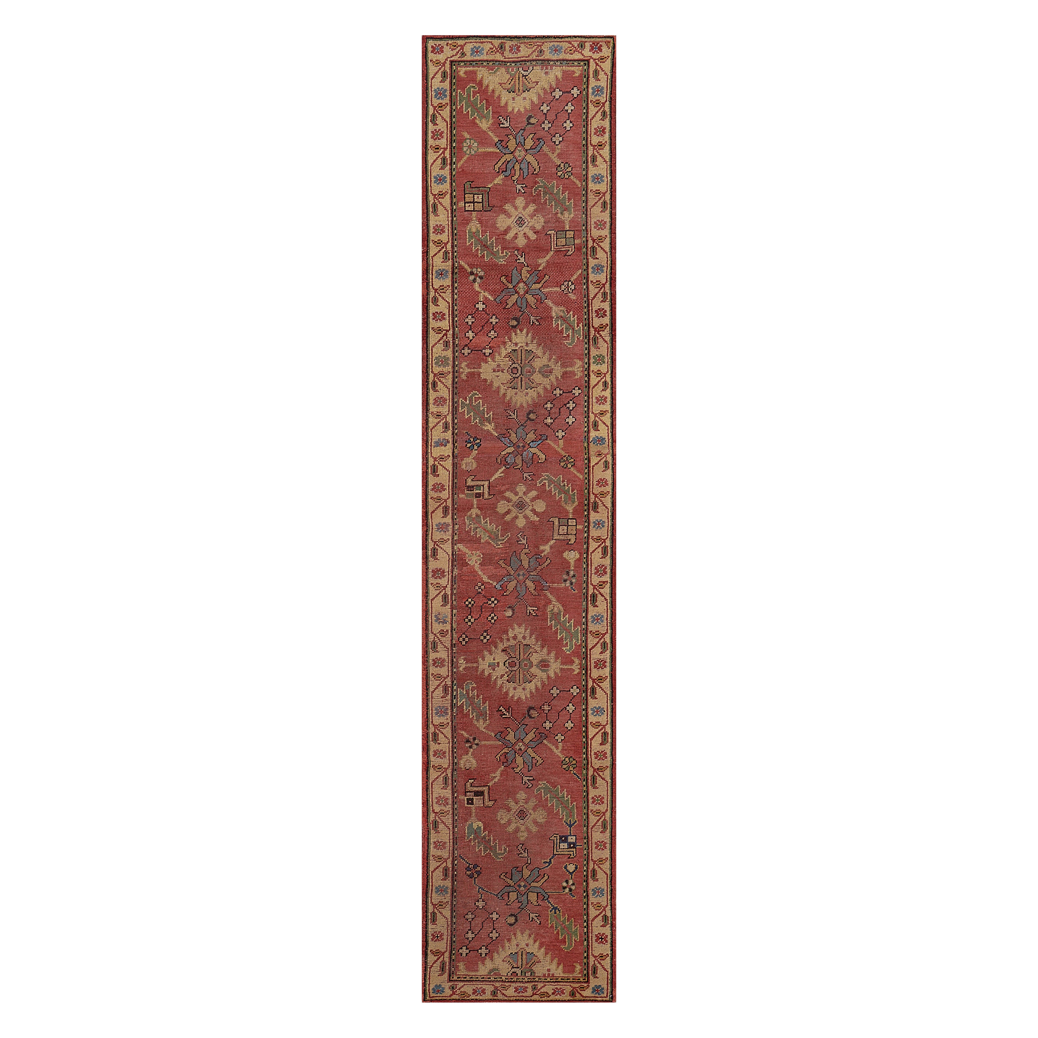 Hand-Woven Coral-Red Antique Wool Leafy Oushak Runner