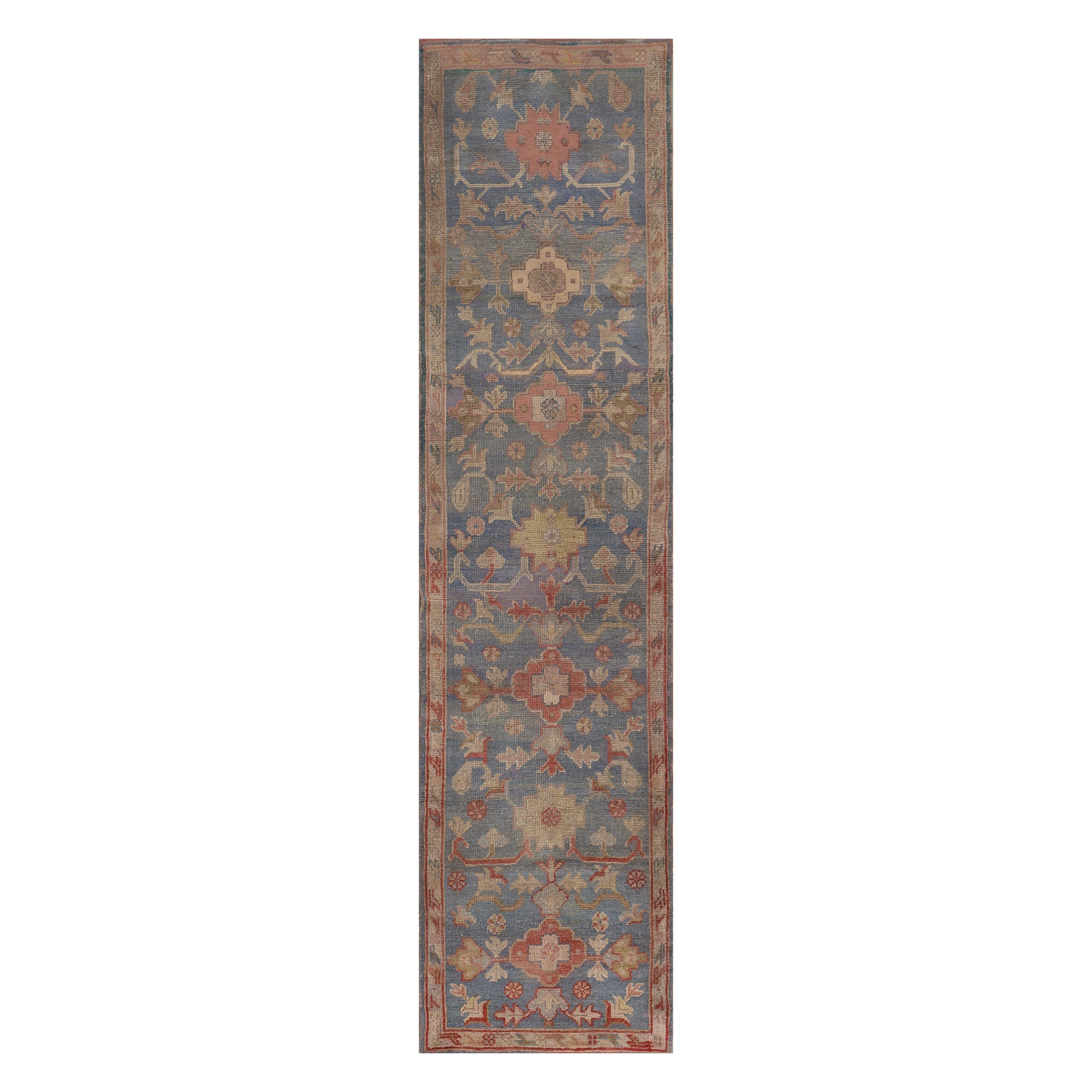 Antique Wool Hand-woven Sky-Blue Floral Oushak Runner