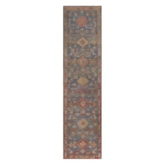Antique Wool Hand-woven Sky-Blue Floral Oushak Runner