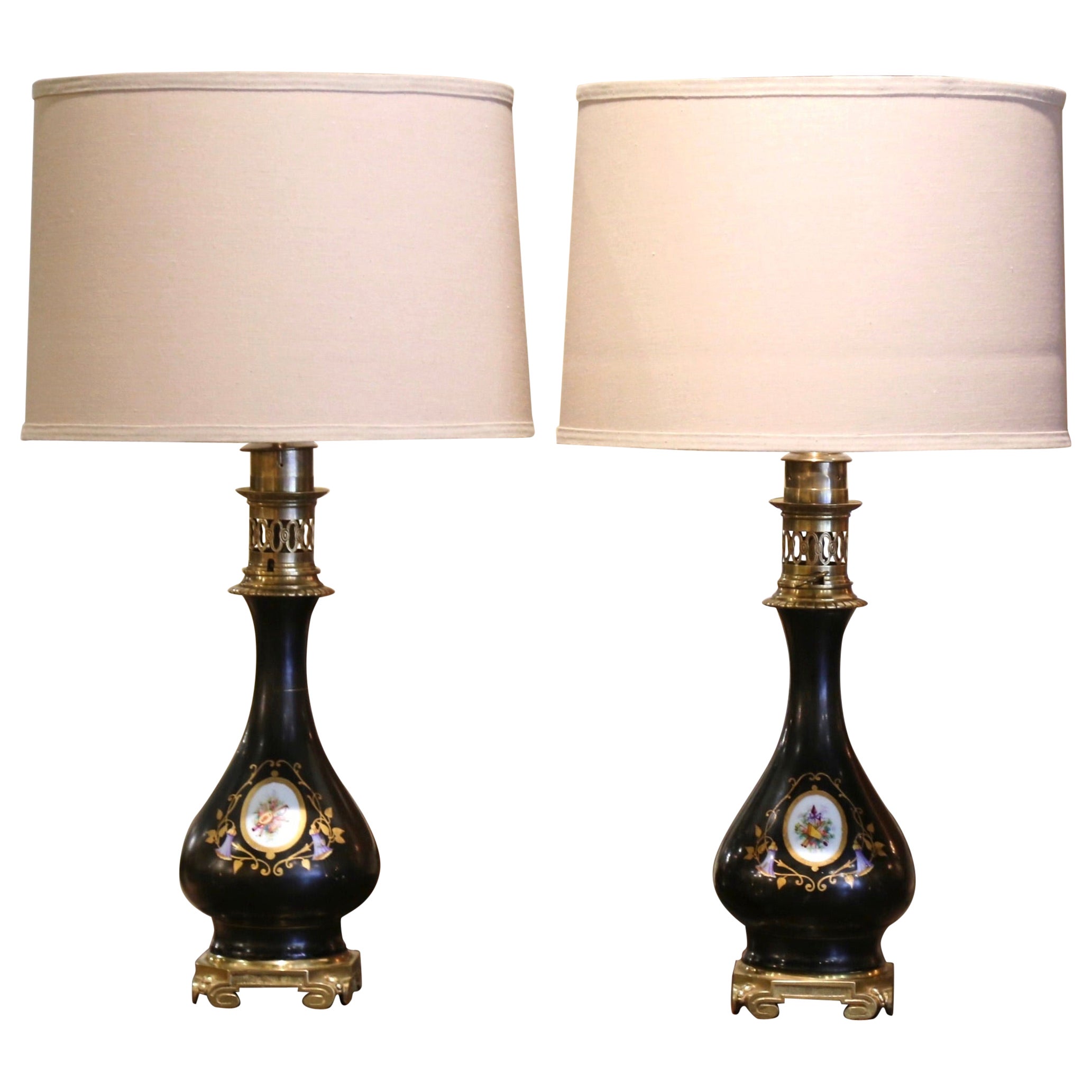 Pair of 19th Century French Painted Porcelain Table Oil Lamps on Bronze Bases