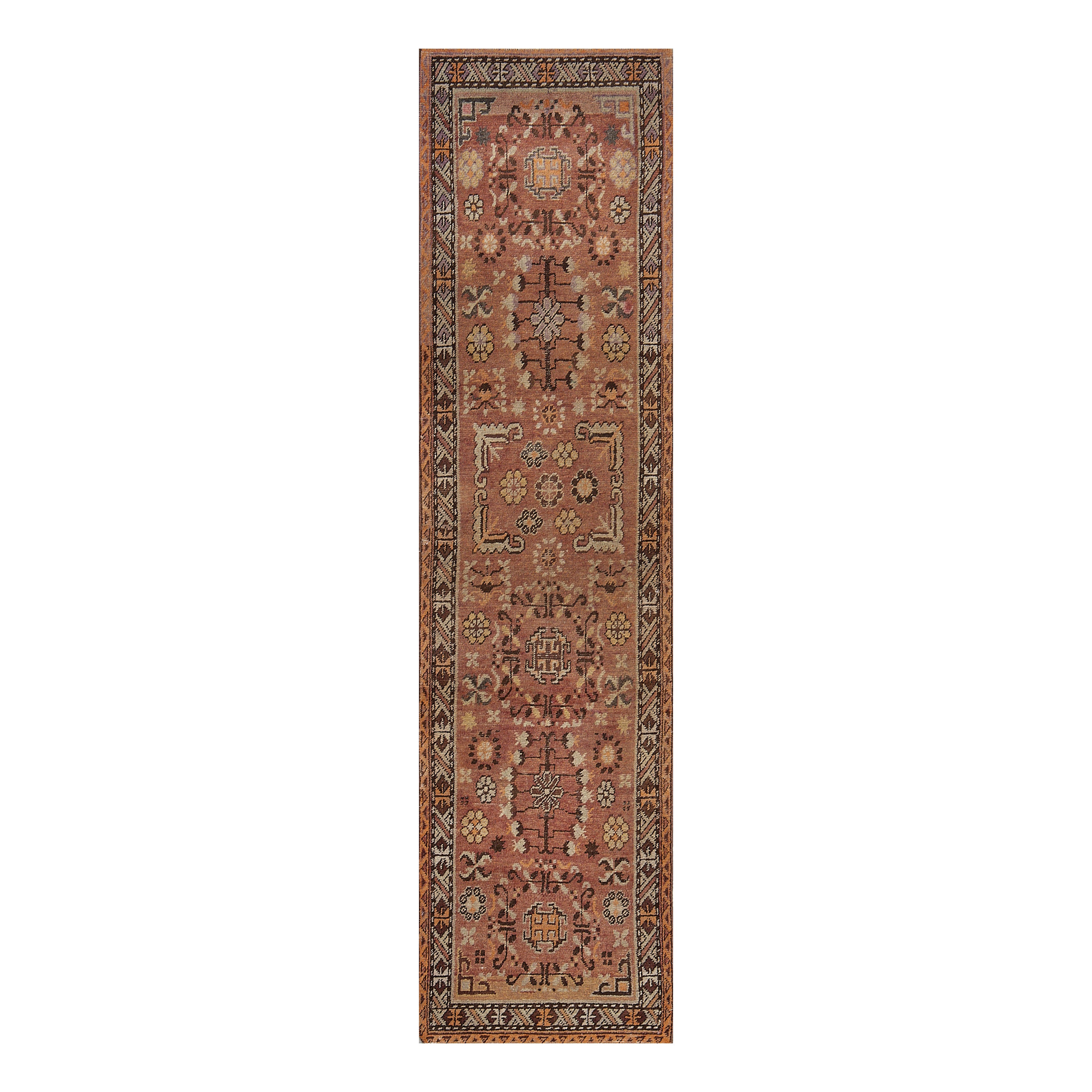 Hand-woven Antique Fox-Brown Wool Floral Khotan Runner