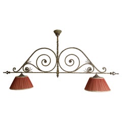 Italian, Tuscany, Wrought Iron Two Light Billiards Fixture with Shades, ca. 1875