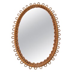 Franco Albini Style Handcrafted Vintage Oval Bent Burnt Bamboo Wall Mirror Italy