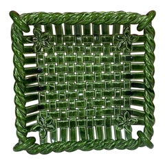 French Large Square Green Majolica Bowl or Basket Vallauris circa 1950