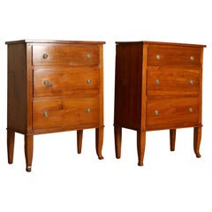 Pair Italian, Veneto, Walnut Neoclassic 3-drawer Bedside Commodes, Early 19th C.