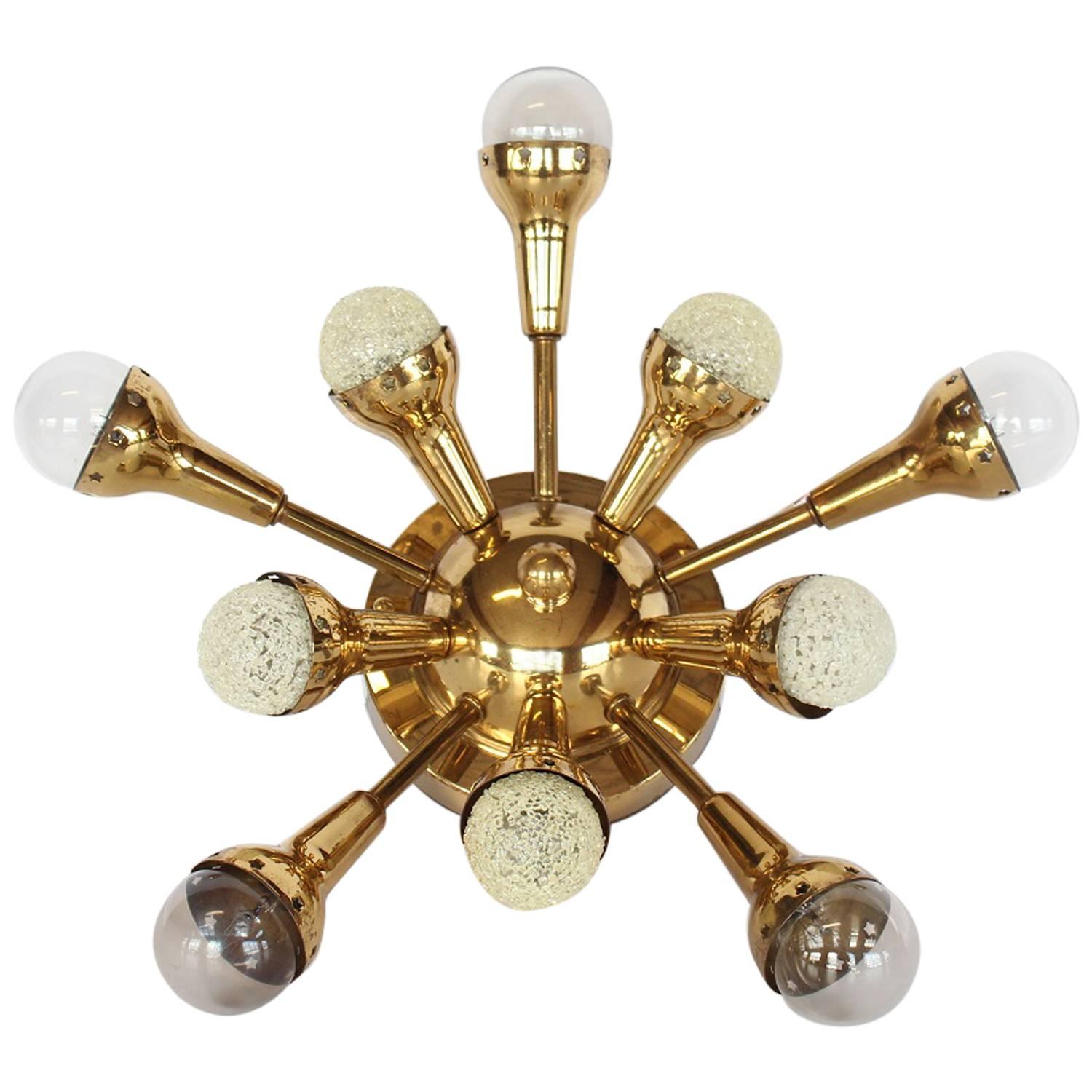 Mid-Century Flush Mount Brass Sputnik Chandelier For Sale